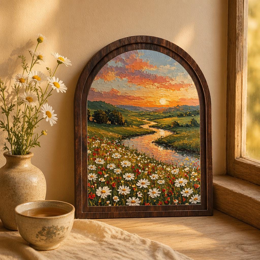 Serene Wildflower Meadow Wall Art in Arched Wood Frame, Sunset River Landscape Painting, Cottagecore Nature Decor, Farmhouse Wall Gift - Image 3