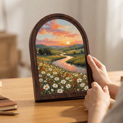 Serene Wildflower Meadow Wall Art in Arched Wood Frame, Sunset River Landscape Painting, Cottagecore Nature Decor, Farmhouse Wall Gift - Image 4