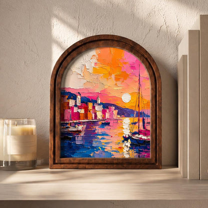Vibrant Coastal Harbor Wall Art, Colorful Mediterranean Sunset Wood Frame, Arched Picture Frame, Beach House Gift, Housewarming Decor - Image 3