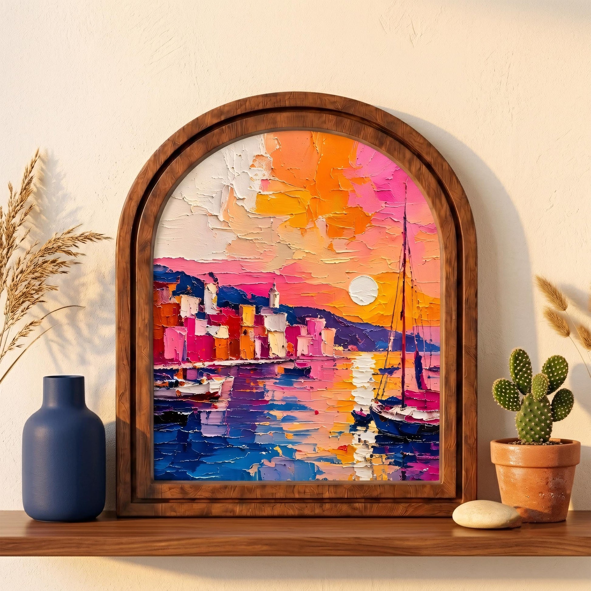 Vibrant Coastal Harbor Wall Art, Colorful Mediterranean Sunset Wood Frame, Arched Picture Frame, Beach House Gift, Housewarming Decor - Image 1