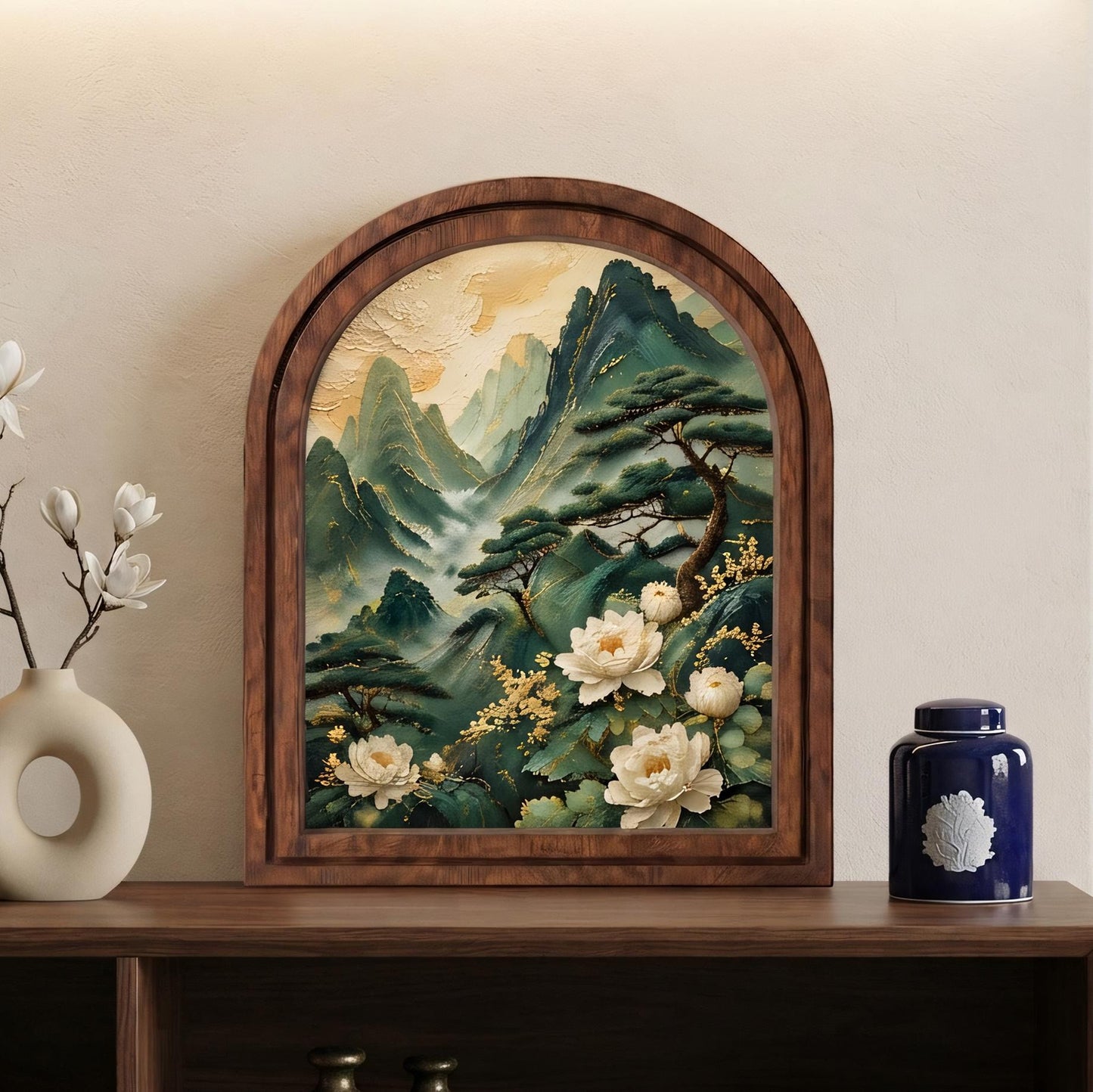 Majestic Mountain Peony Wall Art, Elegant Asian Landscape Painting in Arched Wood Frame, Nature Inspired Home Decor, Floral Lover Gift - Image 1