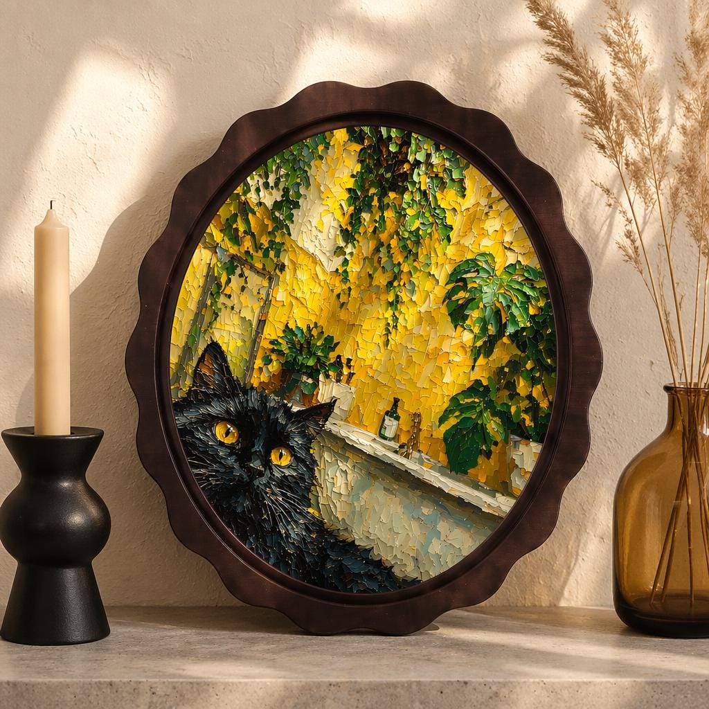 Black Cat Wall Art, Wavy Oval Wood Frame, Botanical Indoor Garden Canvas, Cozy Cottagecore Decor, Cat Lover Gift - Image 1