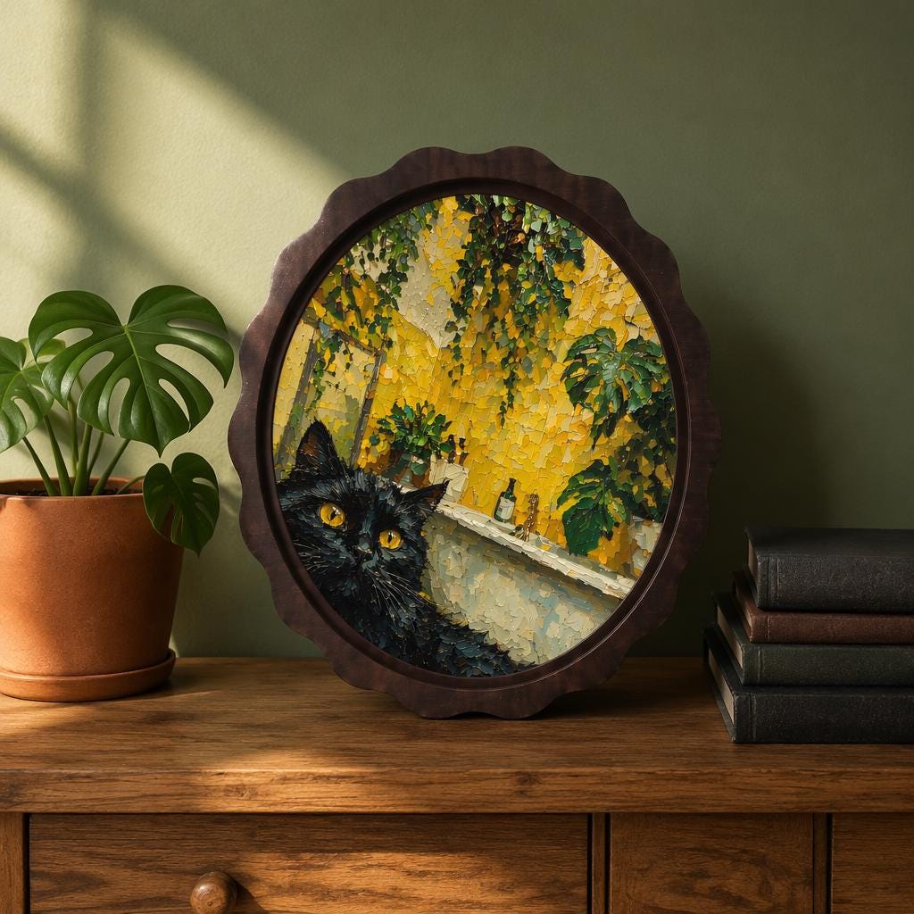 Black Cat Wall Art, Wavy Oval Wood Frame, Botanical Indoor Garden Canvas, Cozy Cottagecore Decor, Cat Lover Gift - Image 2