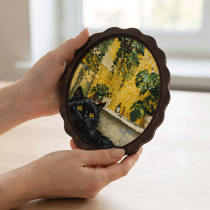 Black Cat Wall Art, Wavy Oval Wood Frame, Botanical Indoor Garden Canvas, Cozy Cottagecore Decor, Cat Lover Gift - Image 4