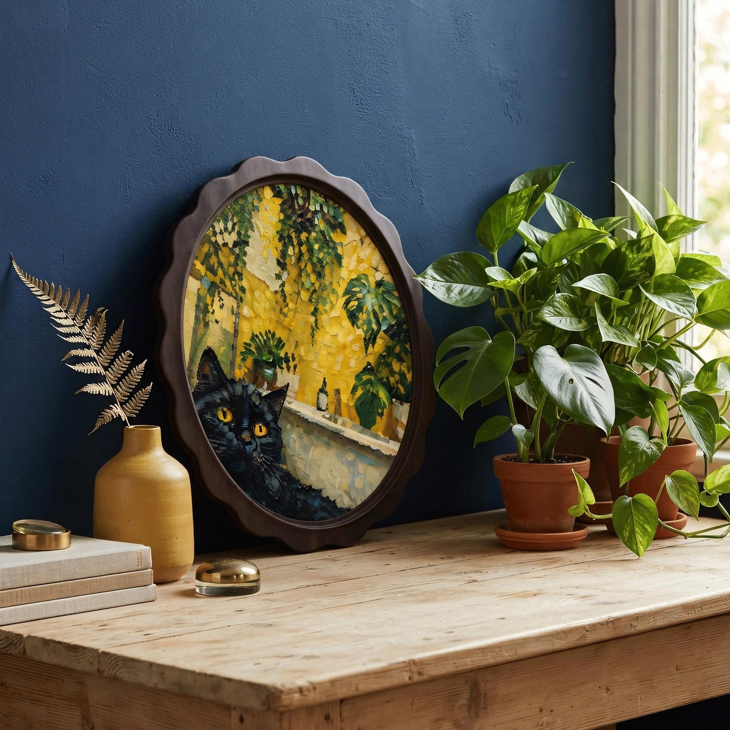 Black Cat Wall Art, Wavy Oval Wood Frame, Botanical Indoor Garden Canvas, Cozy Cottagecore Decor, Cat Lover Gift - Image 7