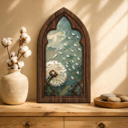 Dandelion Wall Art, Gothic Arched Wood Framed Canvas, Botanical Nature Painting, Cottagecore Home Decor, Vintage Floral Wall Hanging - Image 1