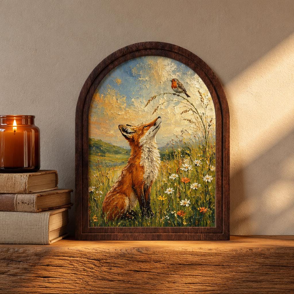 Fox and Robin Wall Art, Whimsical Woodland Animal Painting, Arched Wood Frame, Cottagecore Nature Decor, Wildlife Lover Gift - Image 3