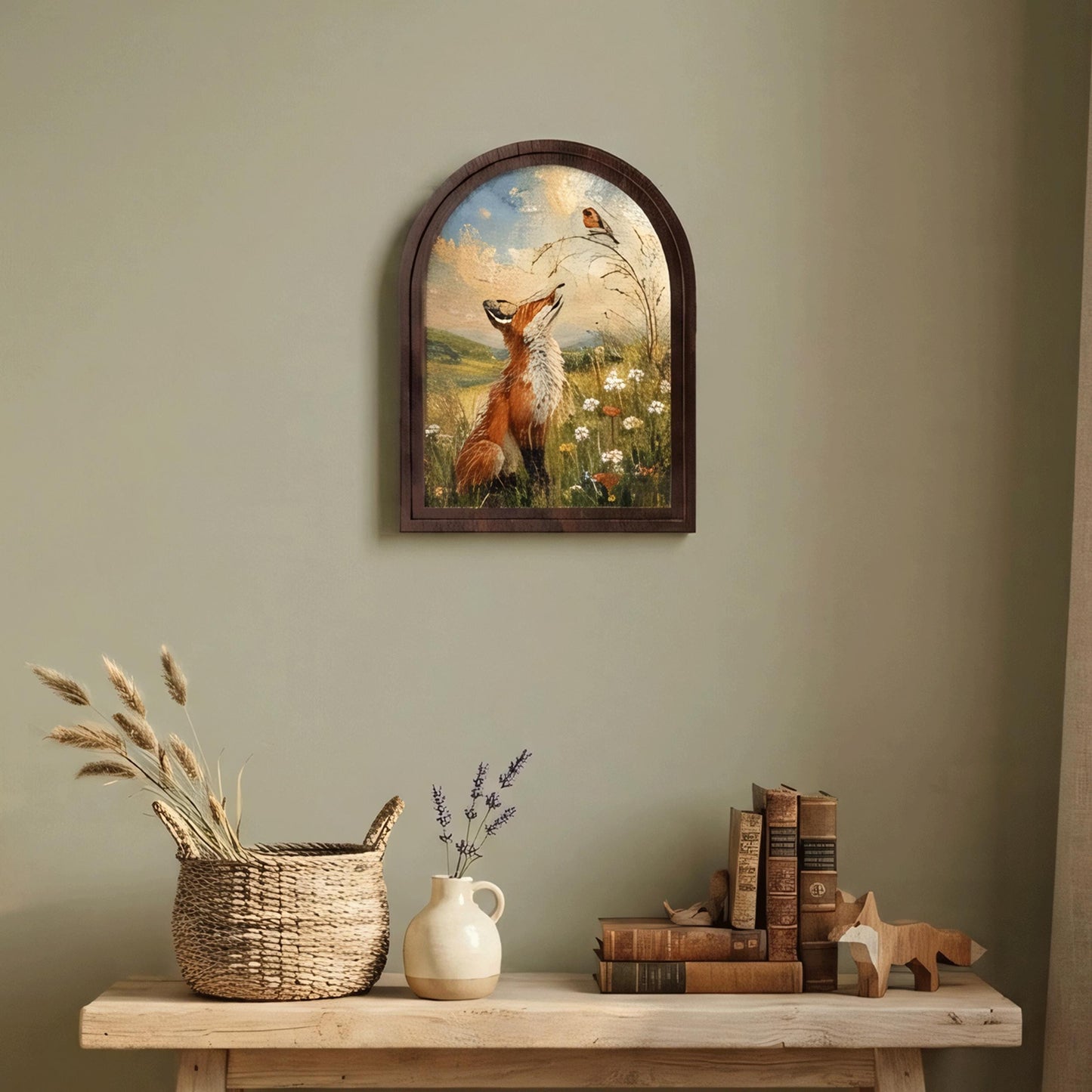 Fox and Robin Wall Art, Whimsical Woodland Animal Painting, Arched Wood Frame, Cottagecore Nature Decor, Wildlife Lover Gift - Image 6
