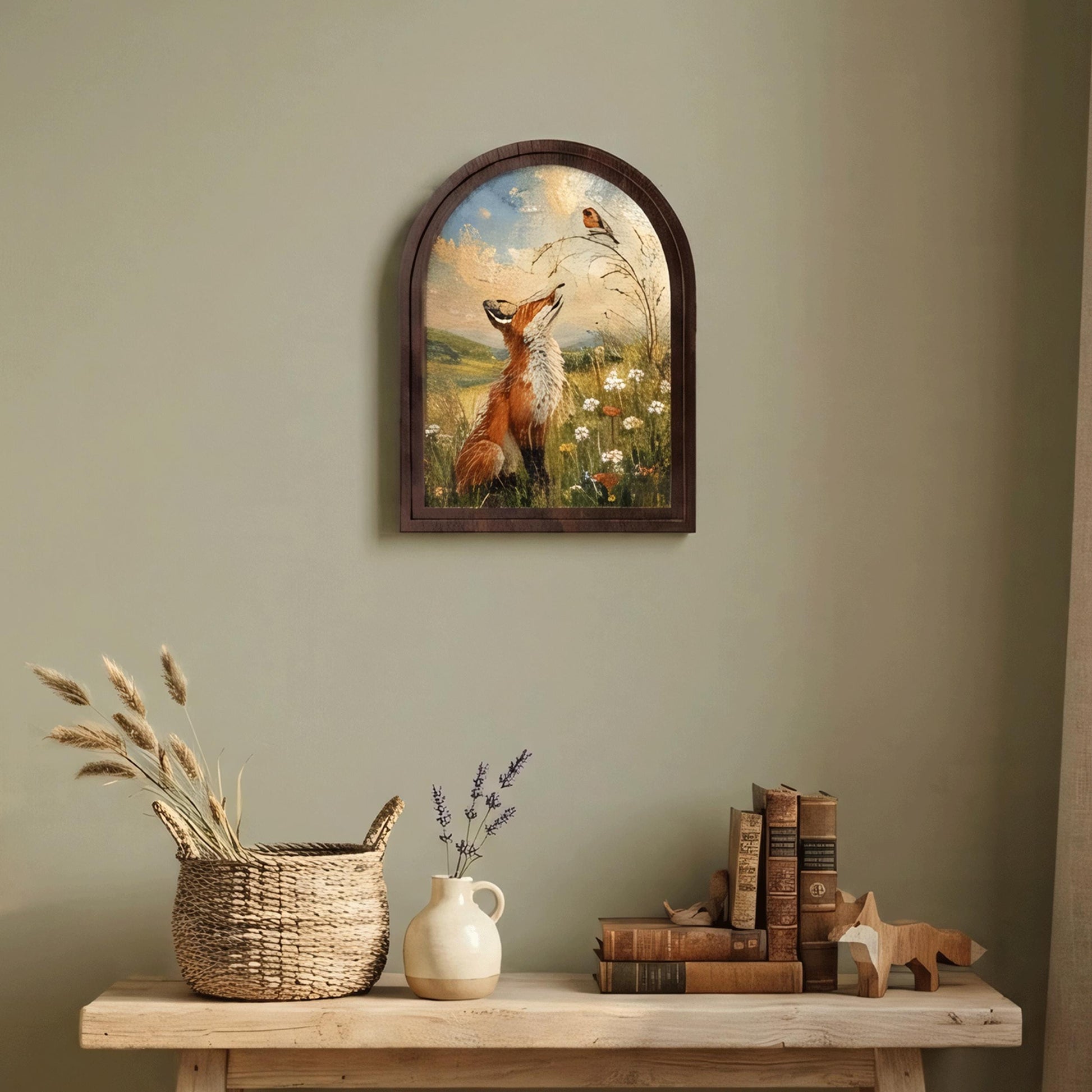 Fox and Robin Wall Art, Whimsical Woodland Animal Painting, Arched Wood Frame, Cottagecore Nature Decor, Wildlife Lover Gift - Image 6
