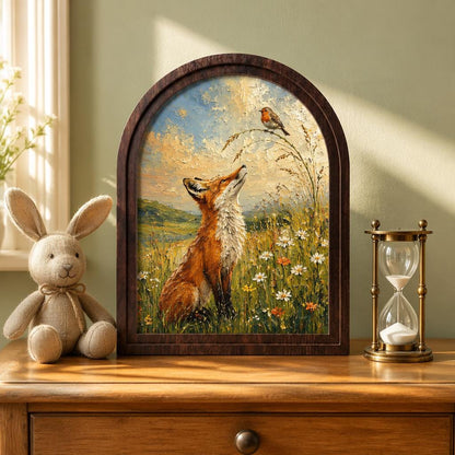 Fox and Robin Wall Art, Whimsical Woodland Animal Painting, Arched Wood Frame, Cottagecore Nature Decor, Wildlife Lover Gift - Image 2
