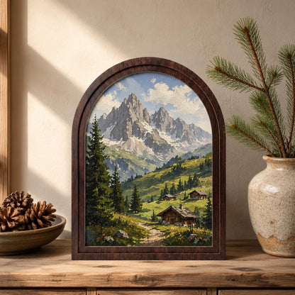Majestic Alpine Mountain Wall Art, Rustic Cabin Landscape Painting, Arched Wood Frame, Mountain Lodge Decor, Nature Lover Gift - Image 2