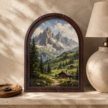 Majestic Alpine Mountain Wall Art, Rustic Cabin Landscape Painting, Arched Wood Frame, Mountain Lodge Decor, Nature Lover Gift - Image 1