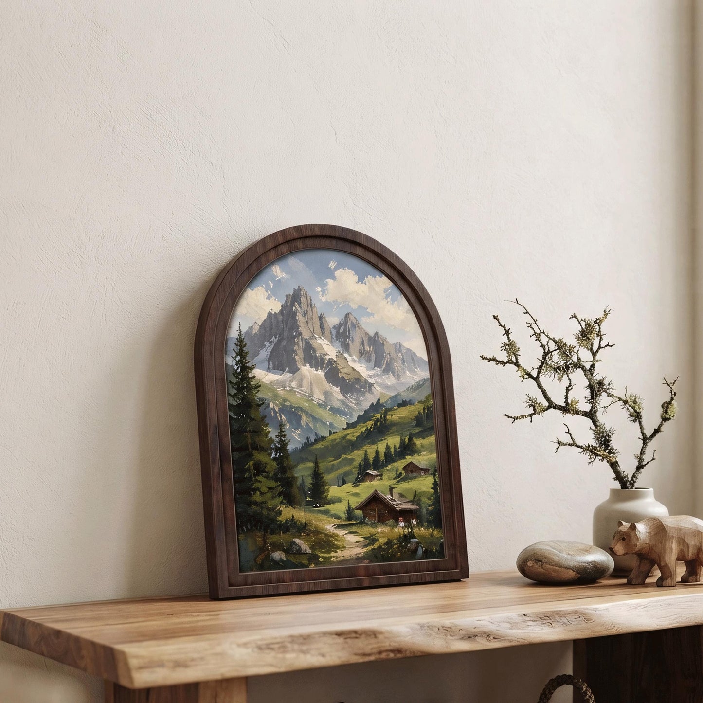 Majestic Alpine Mountain Wall Art, Rustic Cabin Landscape Painting, Arched Wood Frame, Mountain Lodge Decor, Nature Lover Gift - Image 5