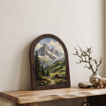 Majestic Alpine Mountain Wall Art, Rustic Cabin Landscape Painting, Arched Wood Frame, Mountain Lodge Decor, Nature Lover Gift - Image 5