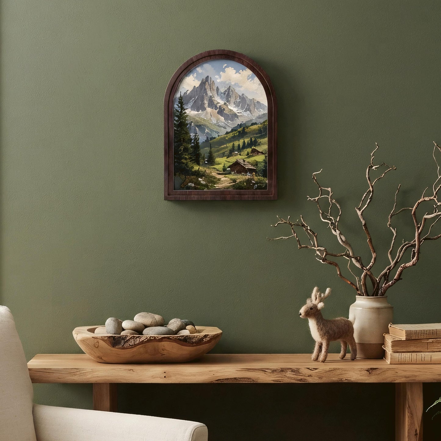 Majestic Alpine Mountain Wall Art, Rustic Cabin Landscape Painting, Arched Wood Frame, Mountain Lodge Decor, Nature Lover Gift - Image 6