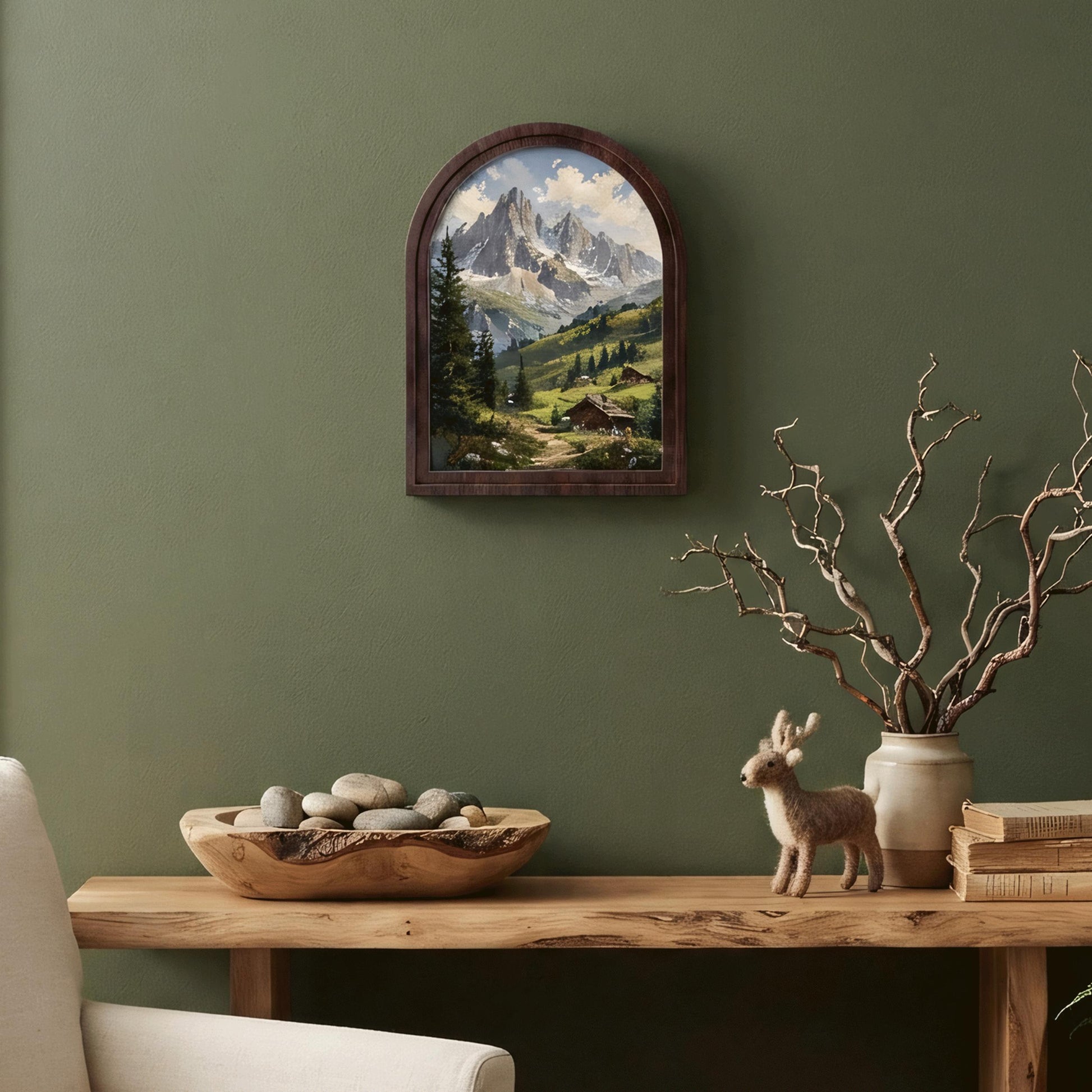 Majestic Alpine Mountain Wall Art, Rustic Cabin Landscape Painting, Arched Wood Frame, Mountain Lodge Decor, Nature Lover Gift - Image 6