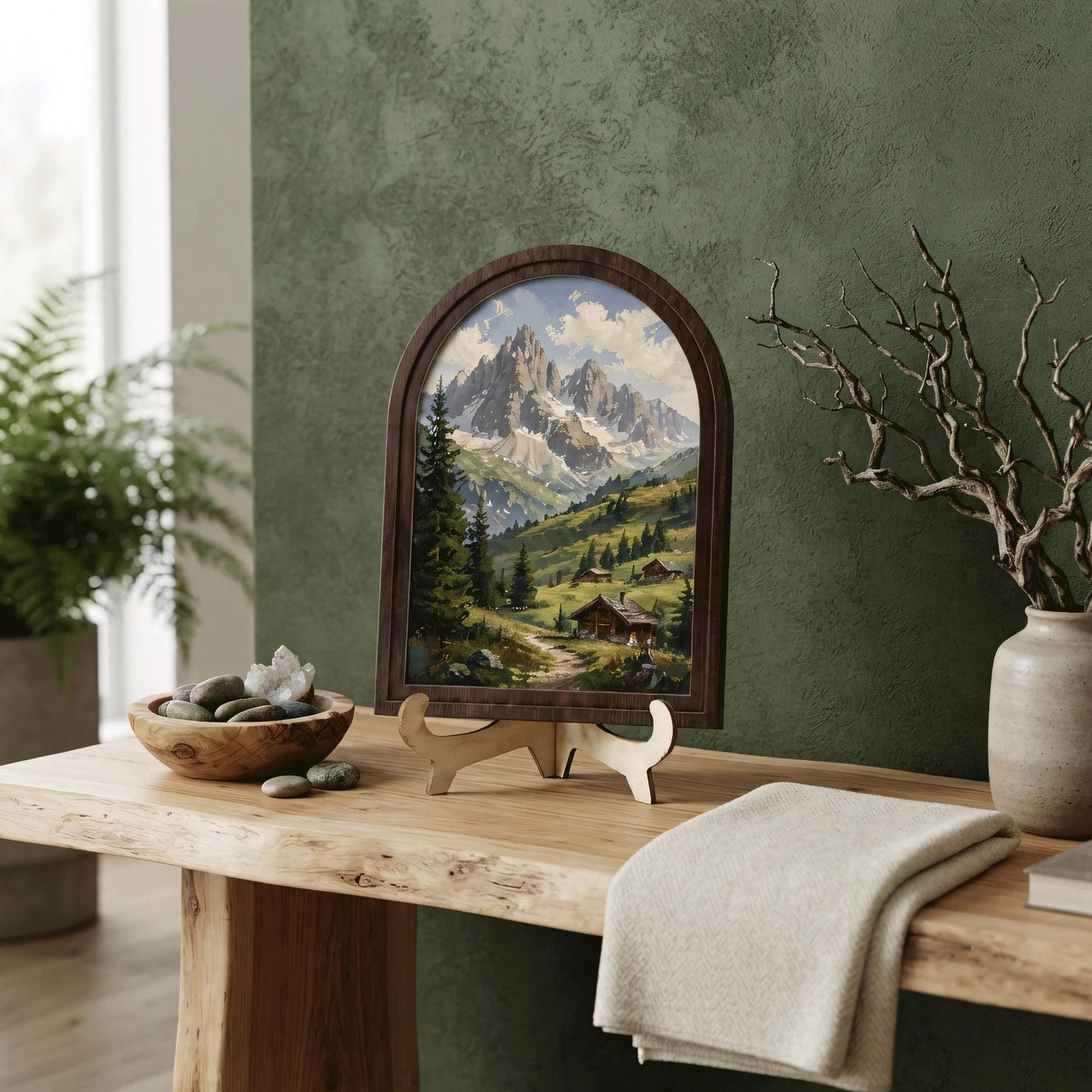 Majestic Alpine Mountain Wall Art, Rustic Cabin Landscape Painting, Arched Wood Frame, Mountain Lodge Decor, Nature Lover Gift - Image 7