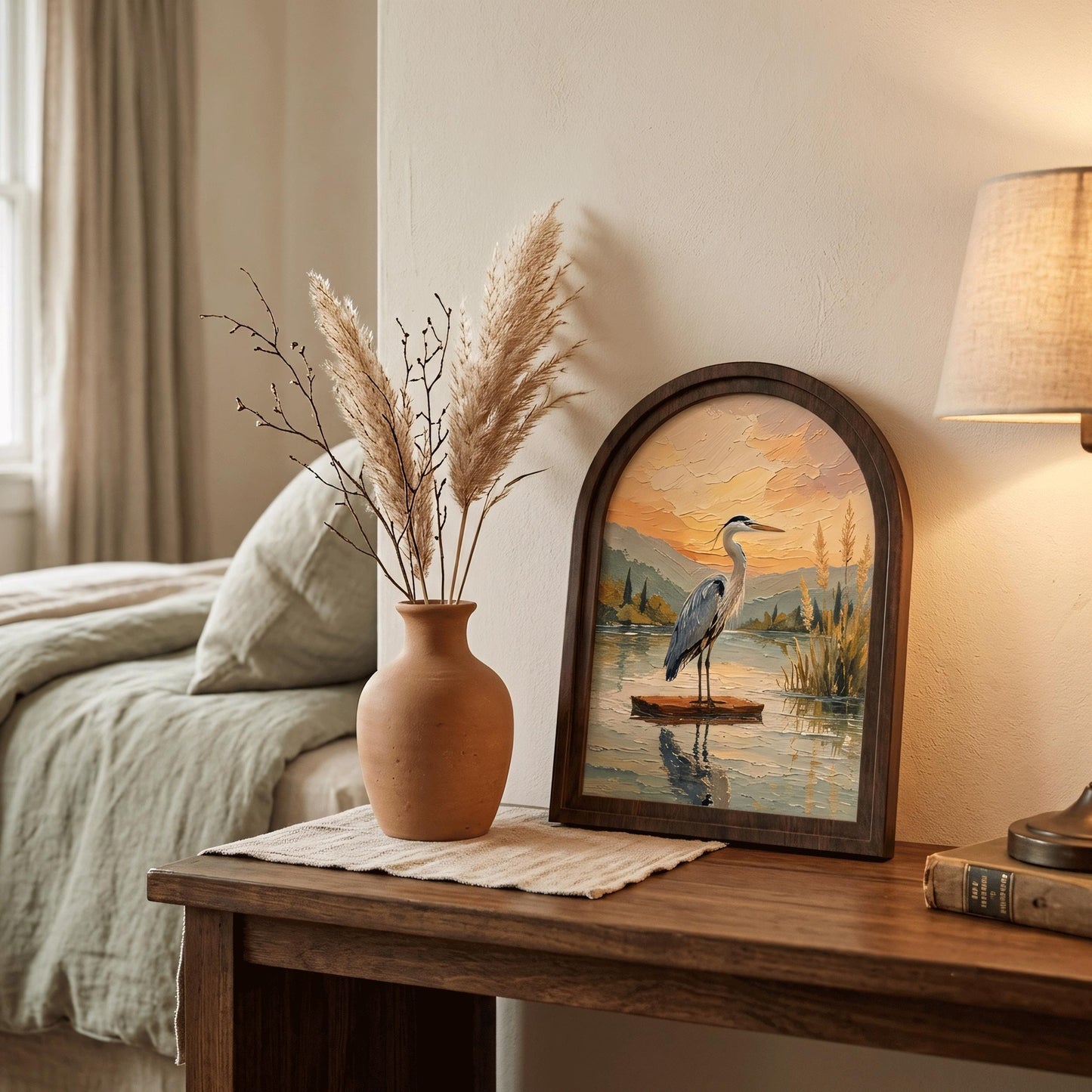 Great Blue Heron Wall Art, Arched Wooden Frame Vintage Nature Print, Peaceful Lakeside Landscape Decor, Rustic Home & Bedroom Accent - Image 6