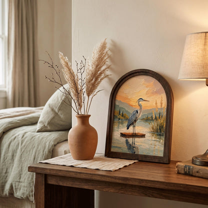 Great Blue Heron Wall Art, Arched Wooden Frame Vintage Nature Print, Peaceful Lakeside Landscape Decor, Rustic Home & Bedroom Accent - Image 6