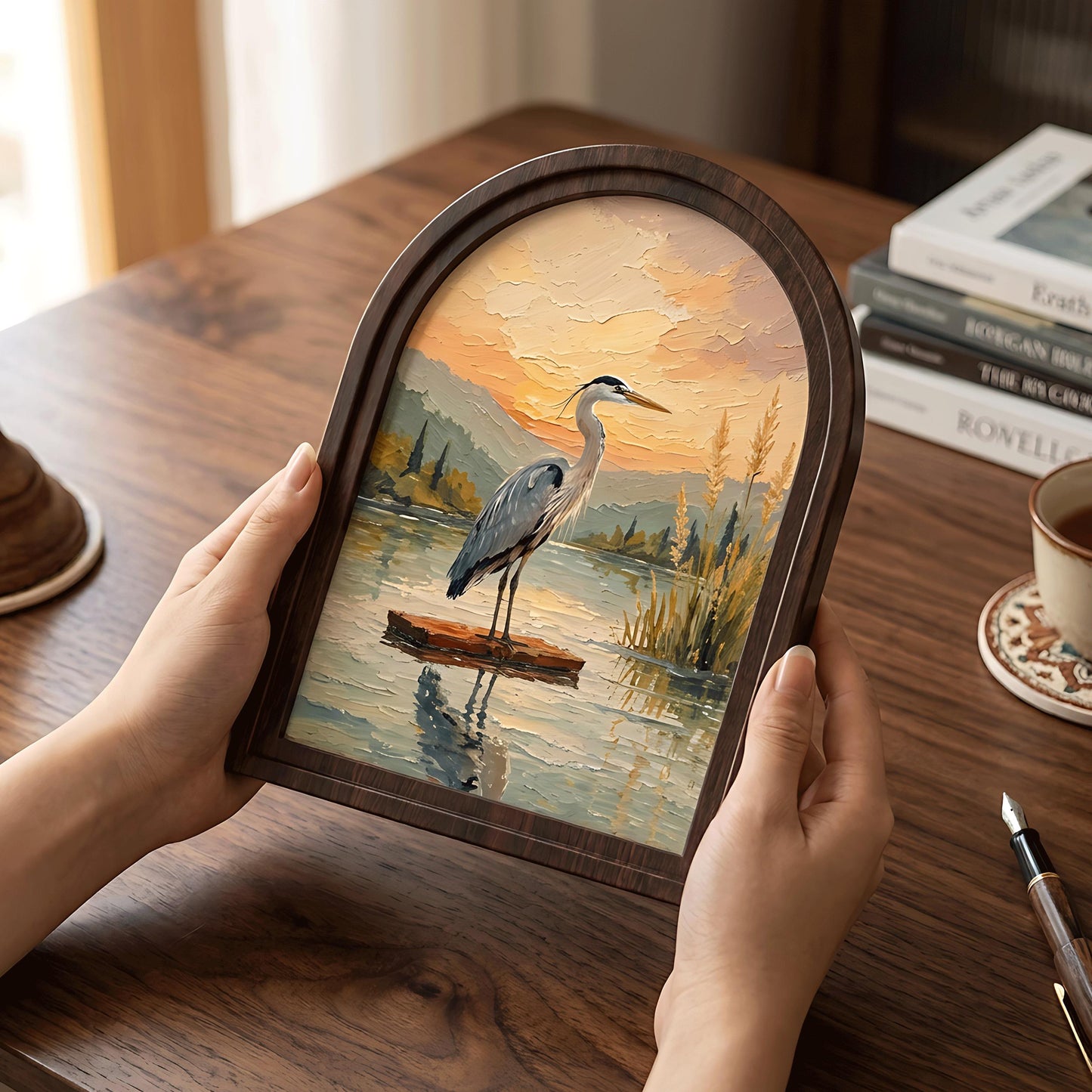 Great Blue Heron Wall Art, Arched Wooden Frame Vintage Nature Print, Peaceful Lakeside Landscape Decor, Rustic Home & Bedroom Accent - Image 3