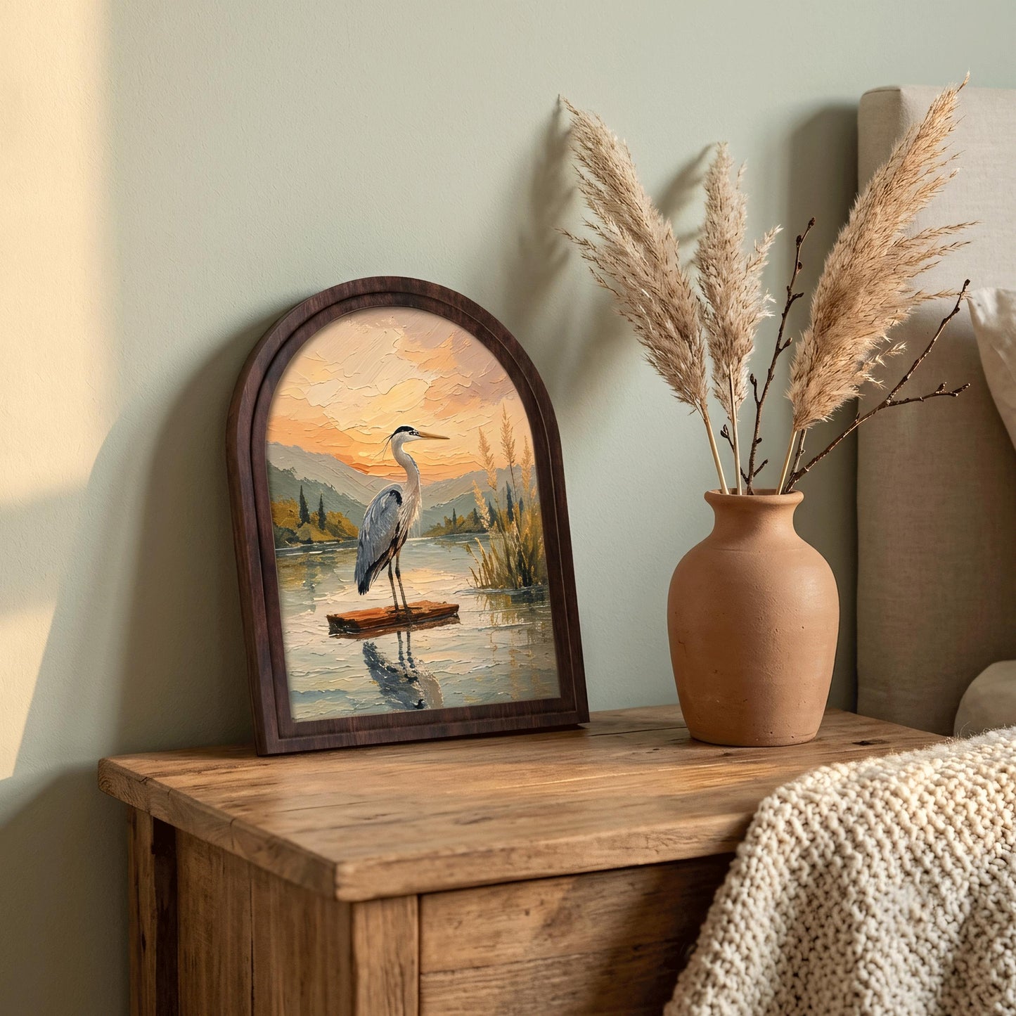 Great Blue Heron Wall Art, Arched Wooden Frame Vintage Nature Print, Peaceful Lakeside Landscape Decor, Rustic Home & Bedroom Accent - Image 4