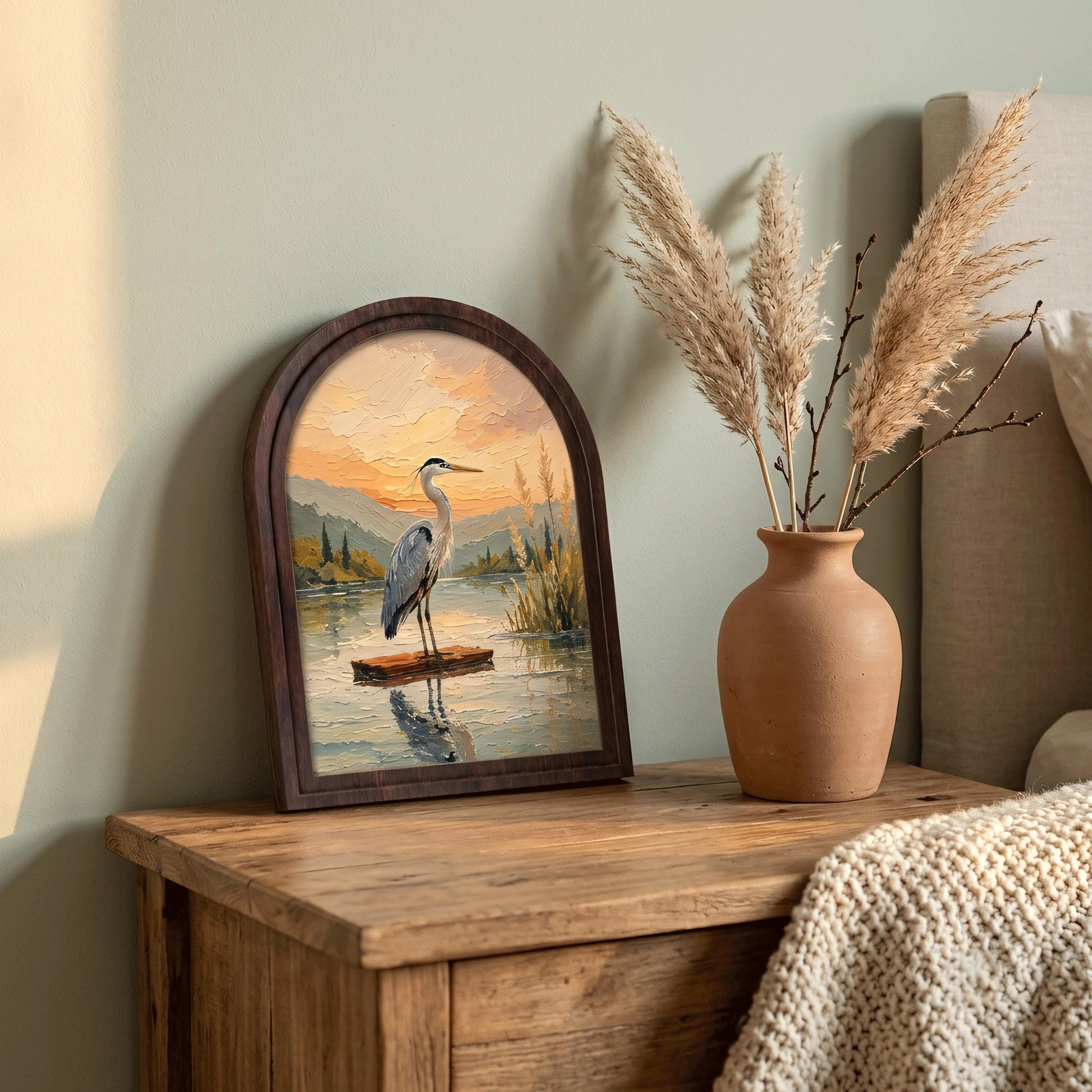 Great Blue Heron Wall Art, Arched Wooden Frame Vintage Nature Print, Peaceful Lakeside Landscape Decor, Rustic Home & Bedroom Accent - Image 4