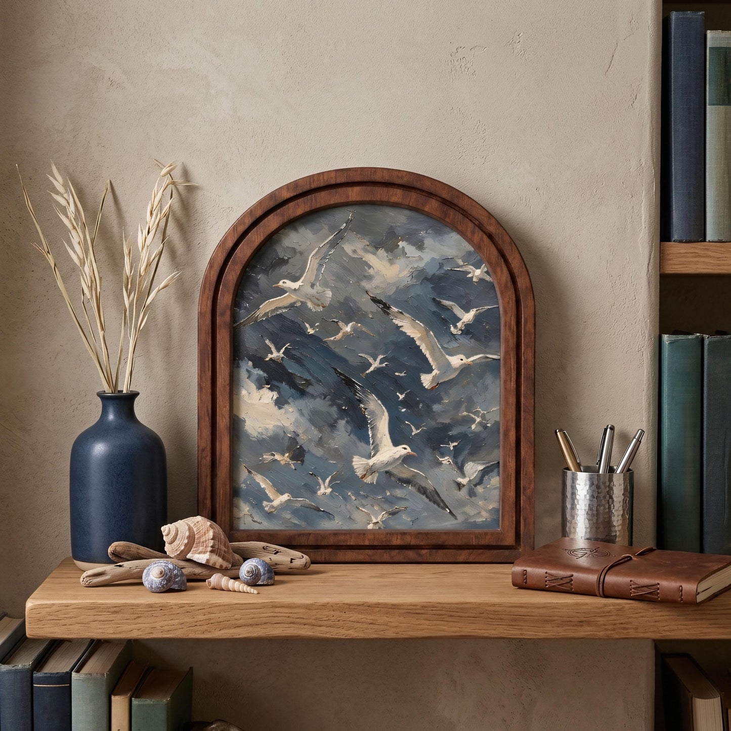 Soaring Seagull Wall Art, Coastal Bird Flock Painting in Arched Wood Frame, Dramatic Ocean Sky Decor, Nautical Home Accent - Image 9