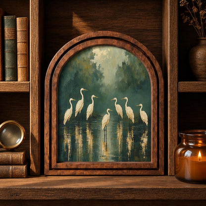 Elegant White Heron Wall Art, Serene Wetland Bird Painting in Arched Wood Frame, Nature-Inspired Coastal Decor, Tranquil Home Accent - Image 1