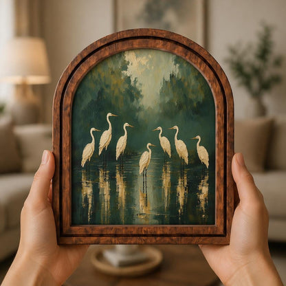 Elegant White Heron Wall Art, Serene Wetland Bird Painting in Arched Wood Frame, Nature-Inspired Coastal Decor, Tranquil Home Accent - Image 3