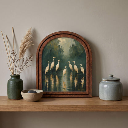 Elegant White Heron Wall Art, Serene Wetland Bird Painting in Arched Wood Frame, Nature-Inspired Coastal Decor, Tranquil Home Accent - Image 2