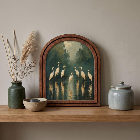 Elegant White Heron Wall Art, Serene Wetland Bird Painting in Arched Wood Frame, Nature-Inspired Coastal Decor, Tranquil Home Accent - Image 2