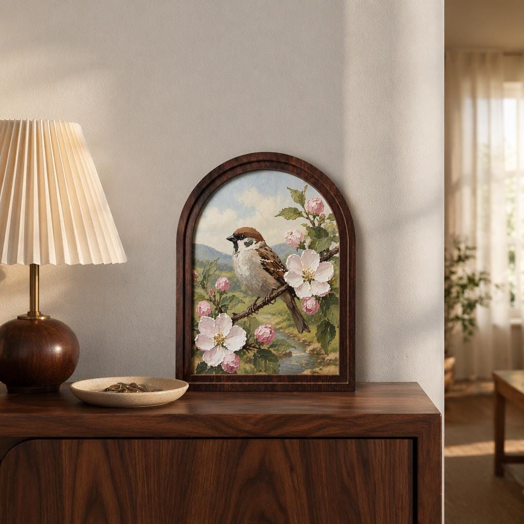 Charming Sparrow Wall Art in Arched Wood Frame, Cherry Blossom Bird Painting, Cottagecore Botanical Decor, Rustic Wall Art, Bird Lover Gift - Image 2