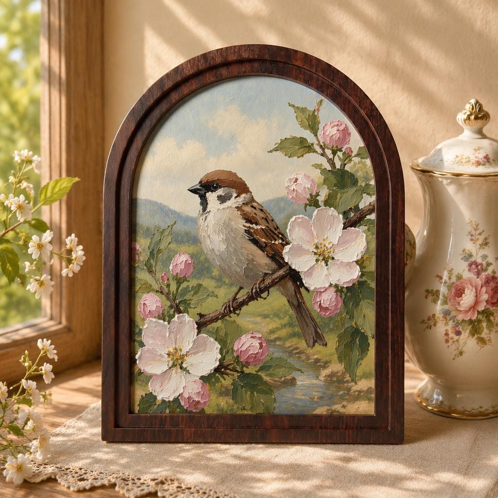 Charming Sparrow Wall Art in Arched Wood Frame, Cherry Blossom Bird Painting, Cottagecore Botanical Decor, Rustic Wall Art, Bird Lover Gift - Image 1