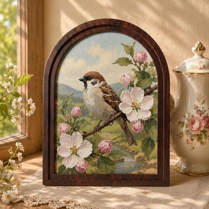 Charming Sparrow Wall Art in Arched Wood Frame, Cherry Blossom Bird Painting, Cottagecore Botanical Decor, Rustic Wall Art, Bird Lover Gift - Image 1