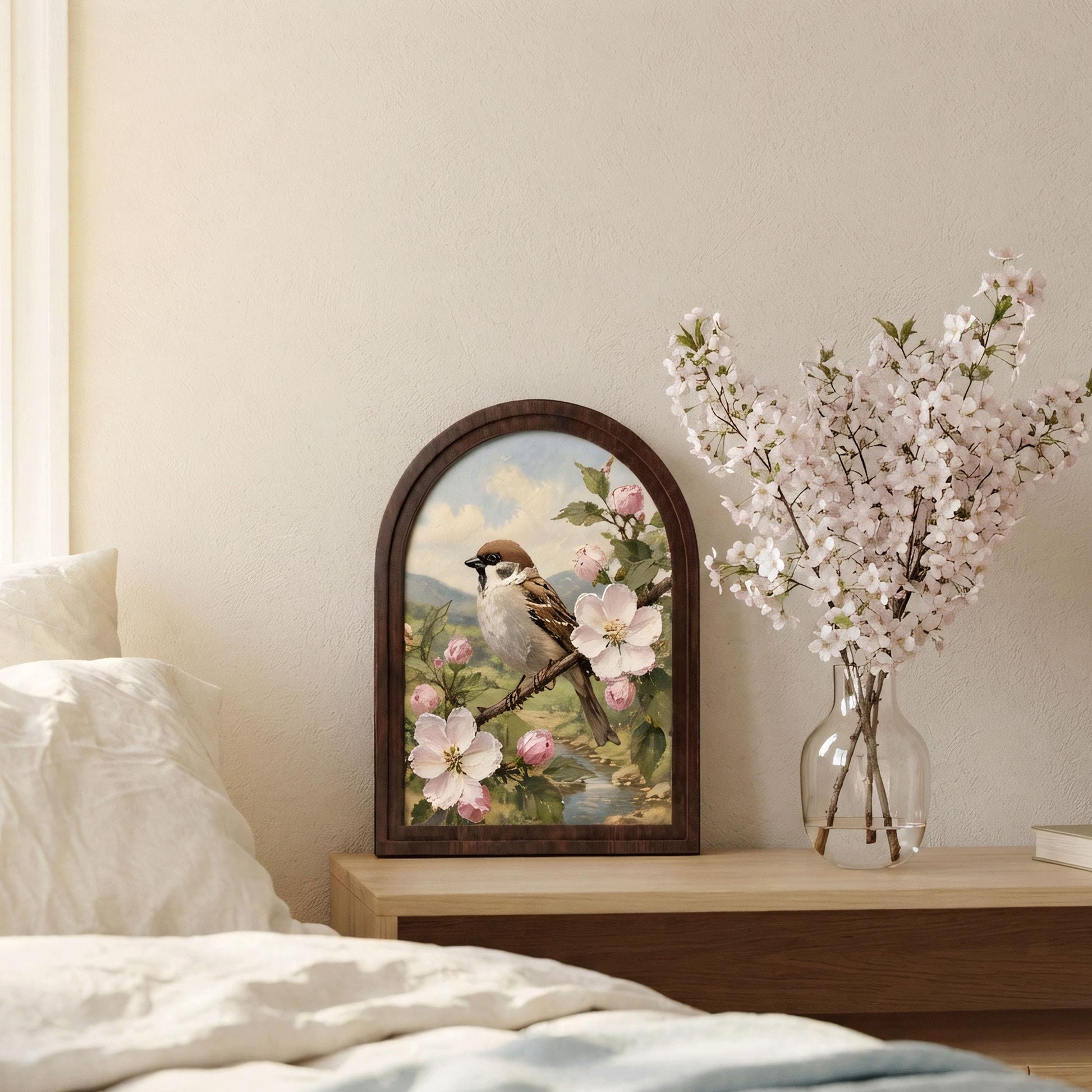 Charming Sparrow Wall Art in Arched Wood Frame, Cherry Blossom Bird Painting, Cottagecore Botanical Decor, Rustic Wall Art, Bird Lover Gift - Image 5