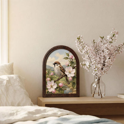 Charming Sparrow Wall Art in Arched Wood Frame, Cherry Blossom Bird Painting, Cottagecore Botanical Decor, Rustic Wall Art, Bird Lover Gift - Image 5