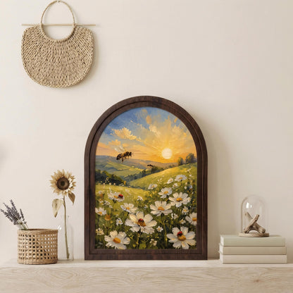 Honey Bee Meadow Wall Art, Arched Wooden Frame, Wild Daisy Field Painting with Ladybugs, Farmhouse Botanical Decor, Gift for Nature Lovers - Image 1