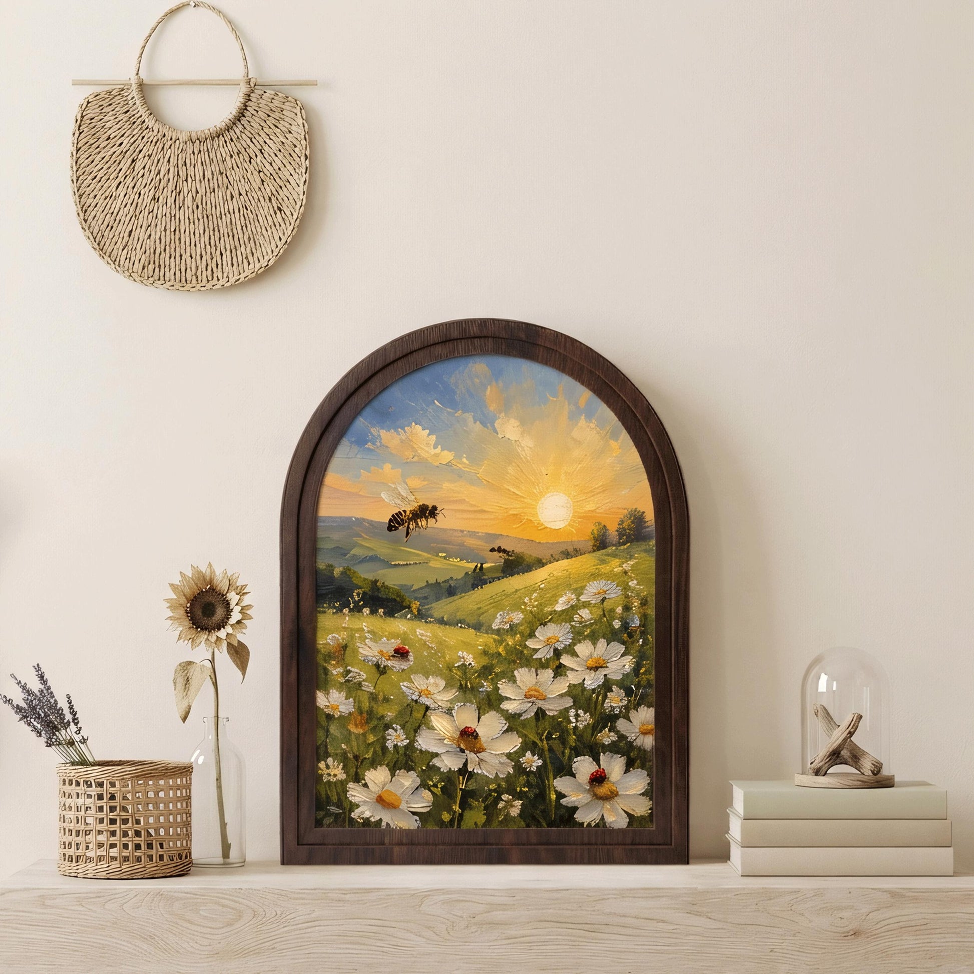Honey Bee Meadow Wall Art, Arched Wooden Frame, Wild Daisy Field Painting with Ladybugs, Farmhouse Botanical Decor, Gift for Nature Lovers - Image 2
