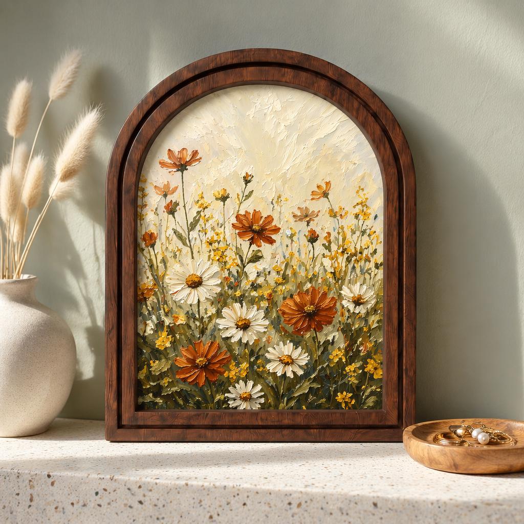 Wildflower Meadow Wall Art, Daisy and Cosmos Floral Painting, Arched Wood Frame Picture, Cottagecore Botanical Decor, Flower Lover Gift - Image 1