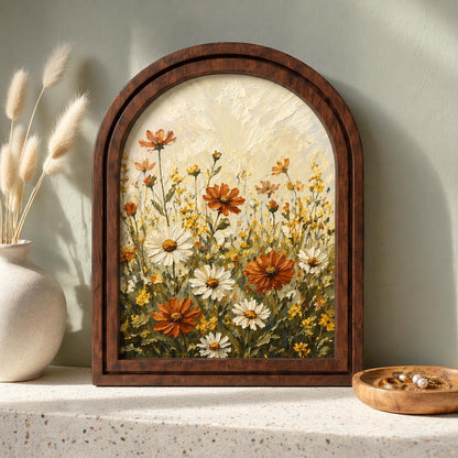 Wildflower Meadow Wall Art, Daisy and Cosmos Floral Painting, Arched Wood Frame Picture, Cottagecore Botanical Decor, Flower Lover Gift - Image 1