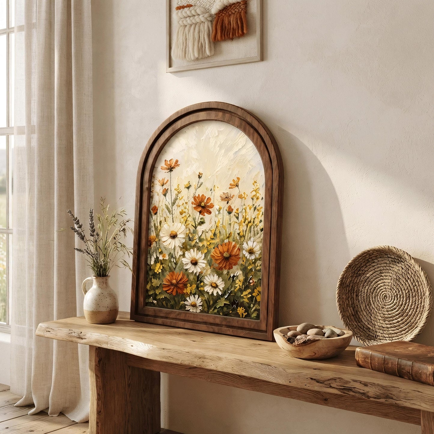 Wildflower Meadow Wall Art, Daisy and Cosmos Floral Painting, Arched Wood Frame Picture, Cottagecore Botanical Decor, Flower Lover Gift - Image 5