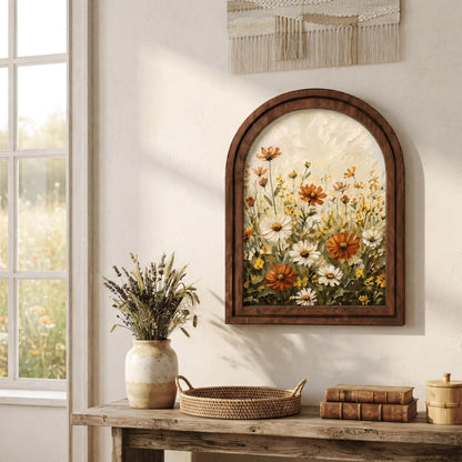 Wildflower Meadow Wall Art, Daisy and Cosmos Floral Painting, Arched Wood Frame Picture, Cottagecore Botanical Decor, Flower Lover Gift - Image 2