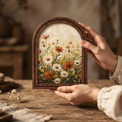 Wildflower Meadow Wall Art, Daisy and Cosmos Floral Painting, Arched Wood Frame Picture, Cottagecore Botanical Decor, Flower Lover Gift - Image 3