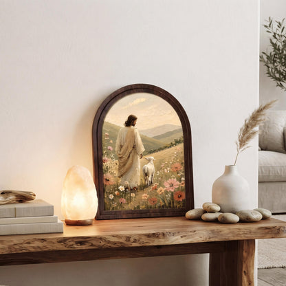 Jesus the Good Shepherd Wall Art, Christ with Lamb Landscape Painting, Arched Wood Frame, Christian Home Decor, Faith Inspired Gift - Image 4