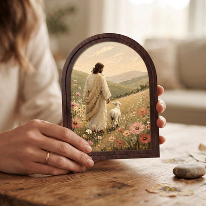 Jesus the Good Shepherd Wall Art, Christ with Lamb Landscape Painting, Arched Wood Frame, Christian Home Decor, Faith Inspired Gift - Image 3