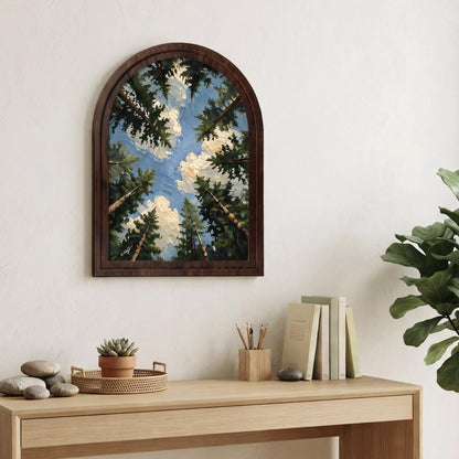 Majestic Forest Canopy Wall Art, Textured Pine Tree Sky Painting, Arched Wood Frame, Woodland Nature Decor, Cabin Wall Art Gift - Image 4