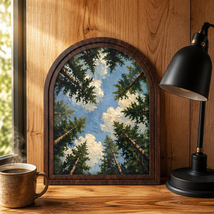 Majestic Forest Canopy Wall Art, Textured Pine Tree Sky Painting, Arched Wood Frame, Woodland Nature Decor, Cabin Wall Art Gift - Image 1
