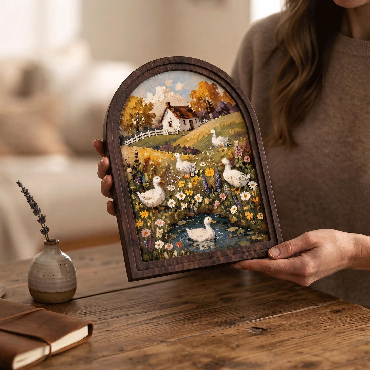 Duck Cottage Wall Art, Whimsical Farmhouse Landscape Painting, Arched Wood Frame, Country Home Decor, Cottagecore Nature Gift - Image 6