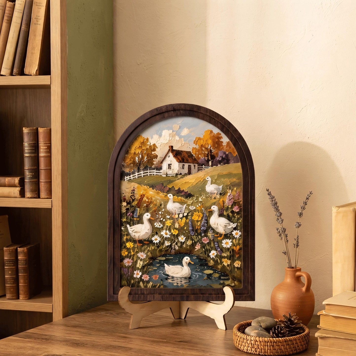 Duck Cottage Wall Art, Whimsical Farmhouse Landscape Painting, Arched Wood Frame, Country Home Decor, Cottagecore Nature Gift - Image 8