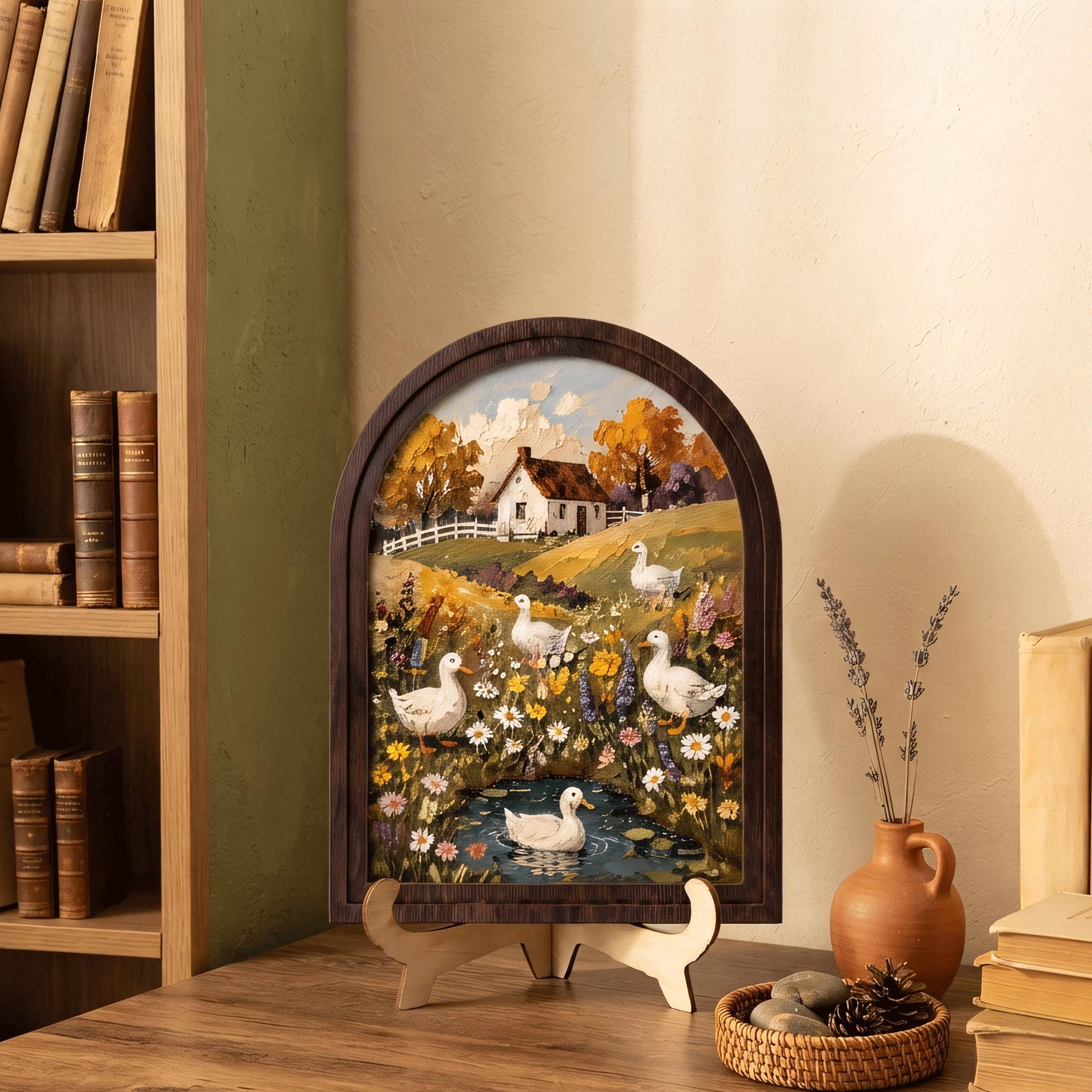 Duck Cottage Wall Art, Whimsical Farmhouse Landscape Painting, Arched Wood Frame, Country Home Decor, Cottagecore Nature Gift - Image 8